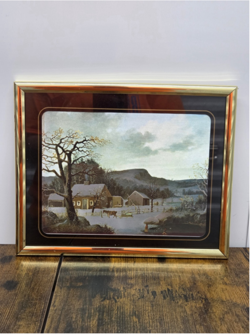 Vintage Foil Print Country Scene Winter Mountains Horse Buggy Framed 8”x10”